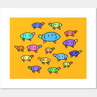 Colorful Turtle Pattern, Cute Illustrated Turtles (yellow) Posters and Art